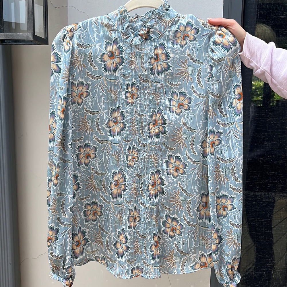 Mango floral and high neck chiffon blouse with metallic thread!